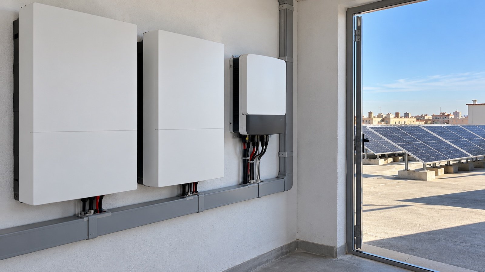 Cuarto técnico de un edificio de viviendas con dos baterías solares y un inversor en la pared y, al fondo, la azotea con placas solares