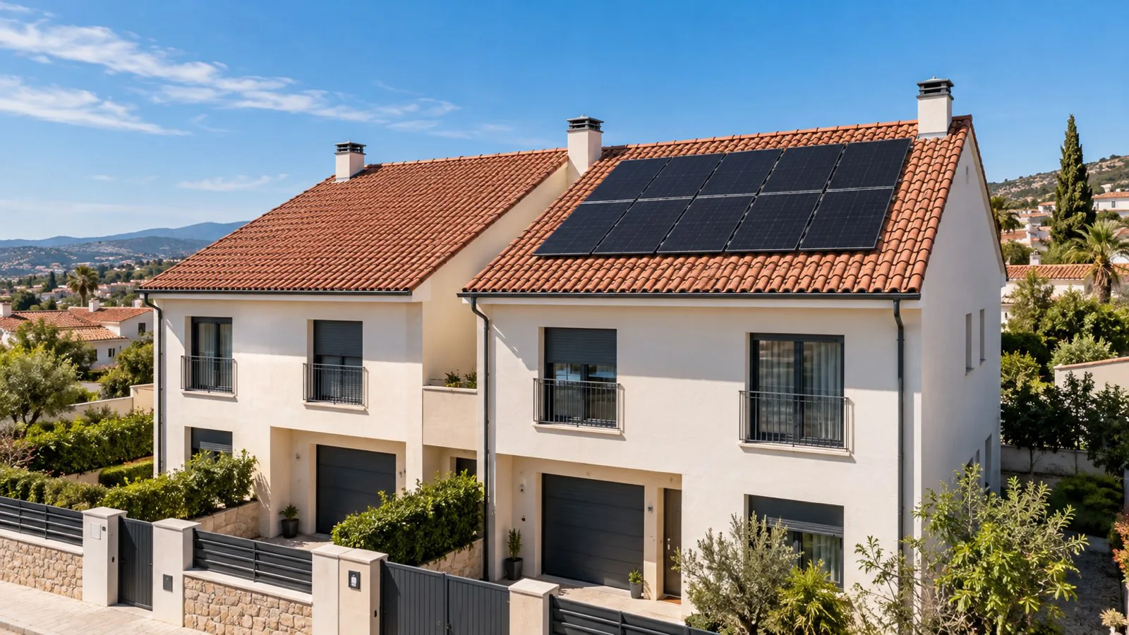 Dos casas adosadas con tejado de teja: una con diez placas solares en dos filas y la otra sin placas