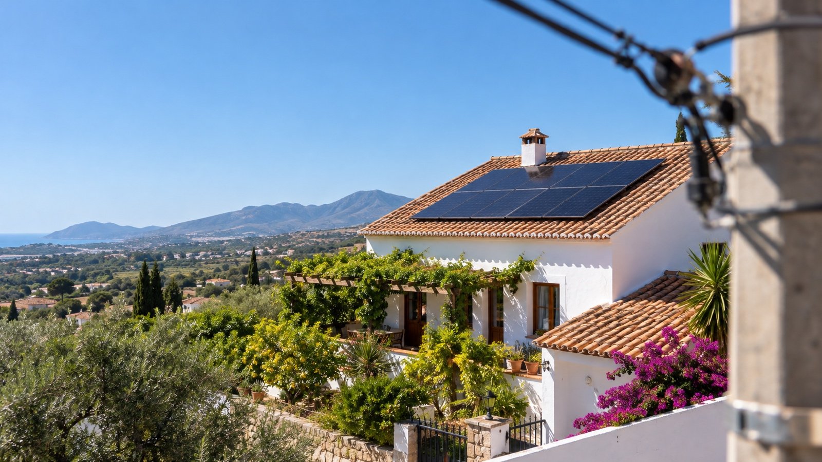 Tejado de una vivienda con placas solares al mediodía, que vierte excedentes a la red