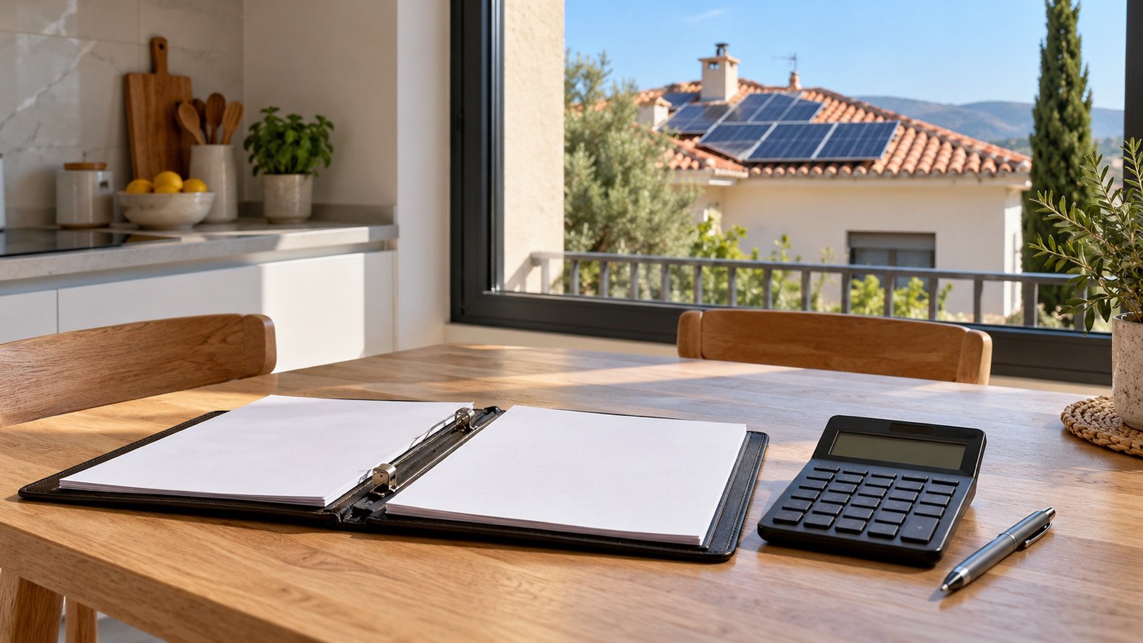 Mesa de cocina con una carpeta de documentos, una calculadora y un bolígrafo y, al fondo, por la ventana, un tejado de teja con placas solares
