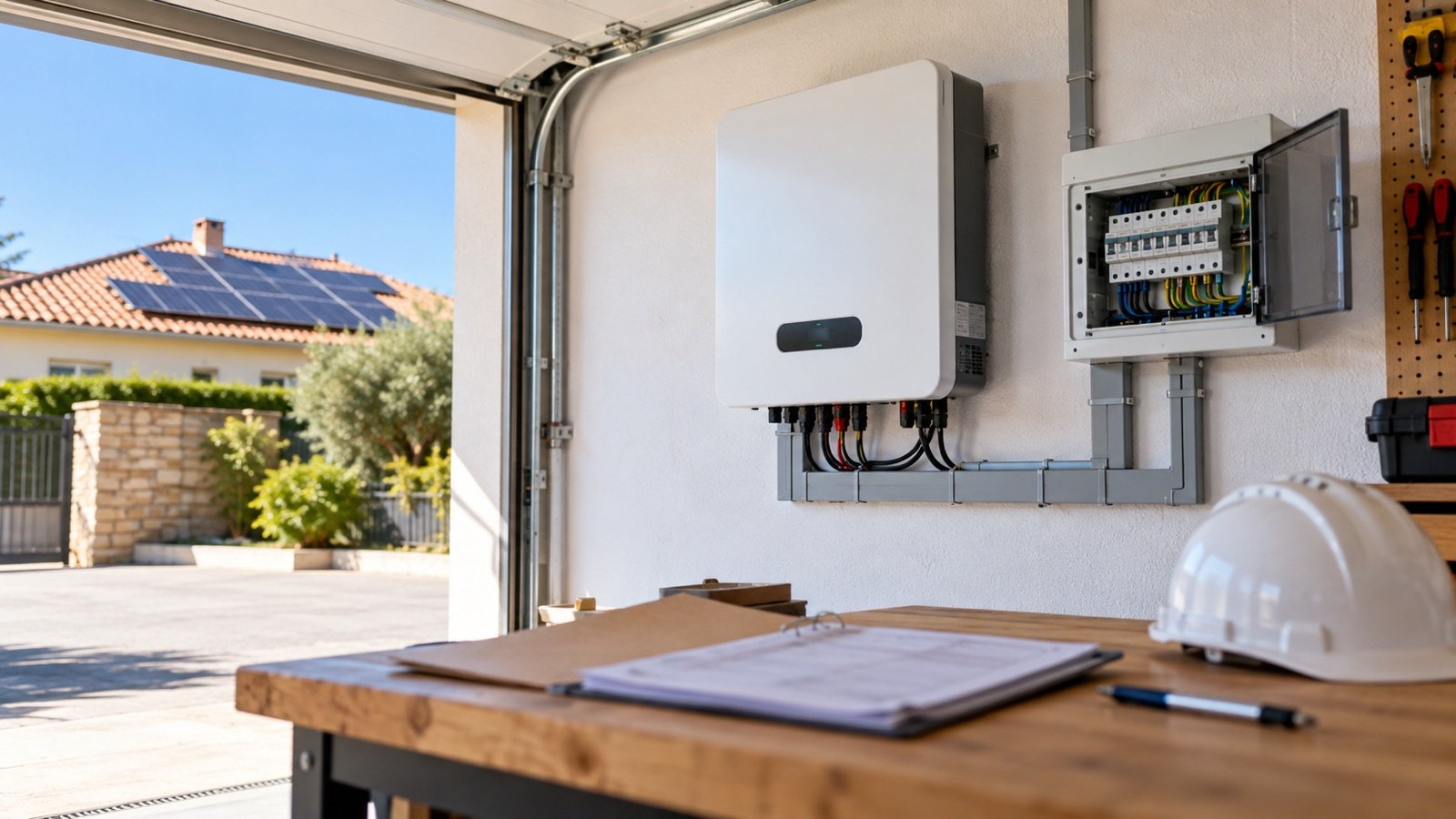 Inversor solar y cuadro de protecciones en el garaje de una vivienda, con la carpeta de la documentación de la instalación