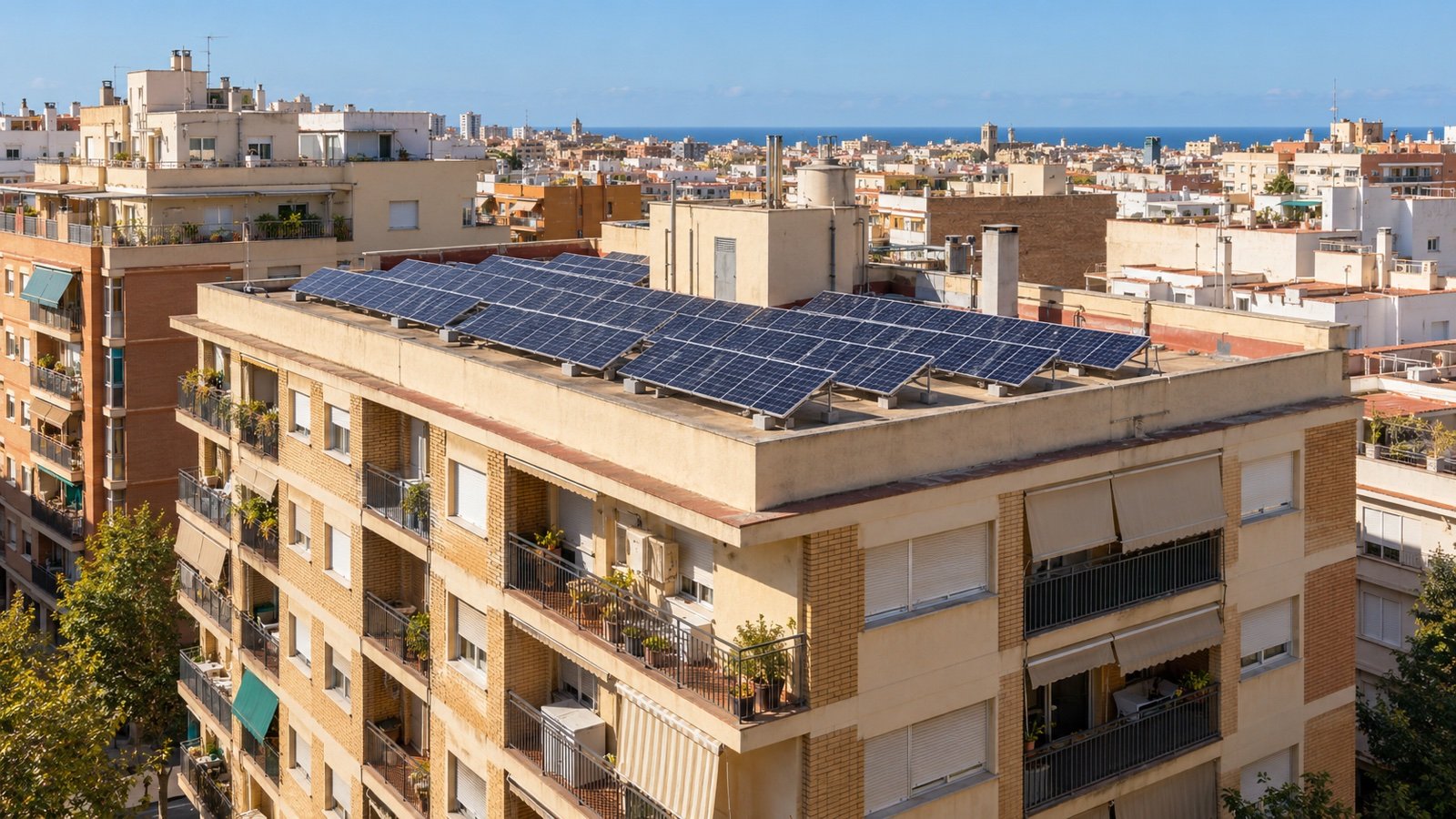 Edificio de viviendas español de ladrillo con balcones y toldos, con filas de placas solares sobre estructuras inclinadas en la azotea y tejados de la ciudad al fondo (imagen generada con IA)